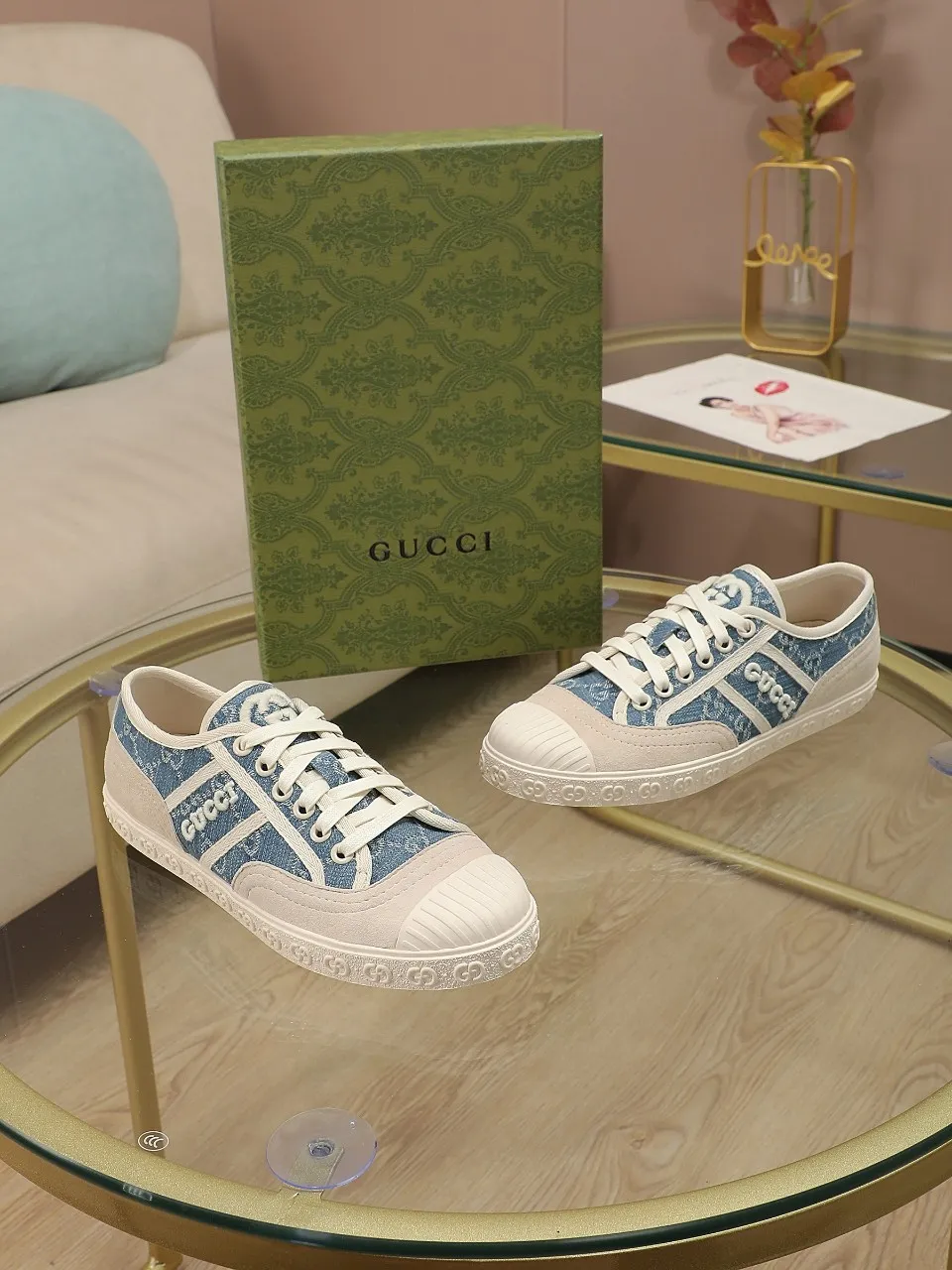 👟👟Ex-factory price 420👟👟 GUCCI~24 The latest double G embroidered low-cut lace-up fashion sneakers, originally developed, the fabric is exclusive double G fabric, the upper is perfectly matched with special craftsmanship, the lining is sheepskin, rubber outsole, size 35 to 40